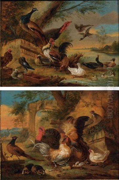Oiseaux De Basse-cour Dans Un Paysage (2 Works) Oil Painting by Adriaen de Gryef