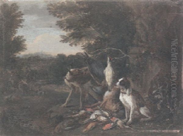 A Still Life With Game And Hounds In An Extensive Landscape And Hunters And Dogs Resting By A Tree Beyond Oil Painting by Adriaen de Gryef