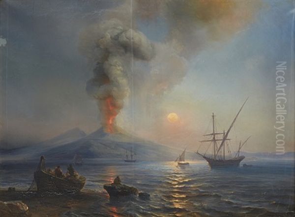 The Gulf Of Naples With Vesuvius In The Background Oil Painting by Baron Jean Antoine Theodore Gudin