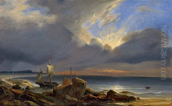 Kustenszene Im Abendlicht Oil Painting by Theodore Gudin