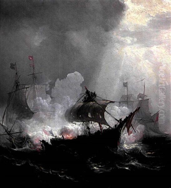 Combat Naval Entre Trois Voiliers Oil Painting by Baron Jean Antoine Theodore Gudin