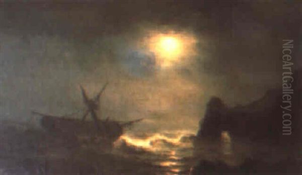 Barca En Tempestad Nocturna Oil Painting by Baron Jean Antoine Theodore Gudin