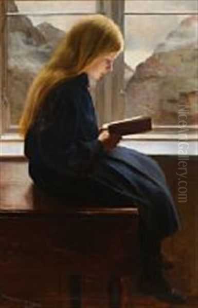 Laesende Lille Pige Oil Painting by Johan Gudmundsen-Holmgreen