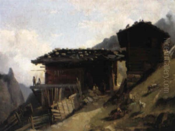 Tiroler Berghutten Mit Figurenstaffage Oil Painting by Julien Michel Gue