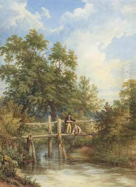 Two Boys Fishing From A Wooden Bridge Oil Painting by Thomas Baker Of Leamington