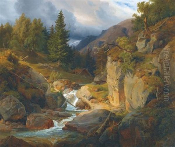 Norwegian Landscape Oil Painting by Louis Gurlitt