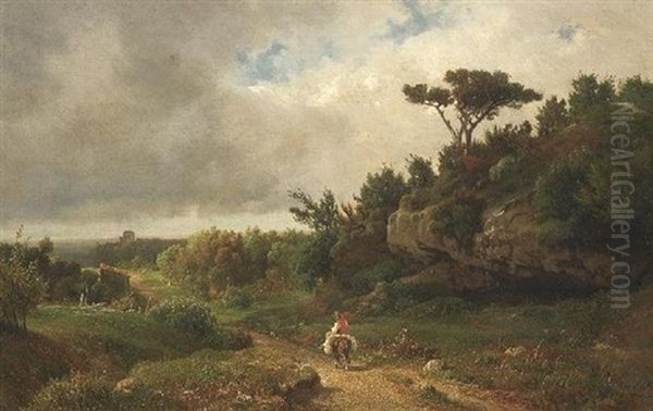 Wandersmann Auf Seinem Maulesel In Der Toskana. Aufziehendes Gewitter Oil Painting by Ludwig Heinrich Theodor (Louis) Gurlitt