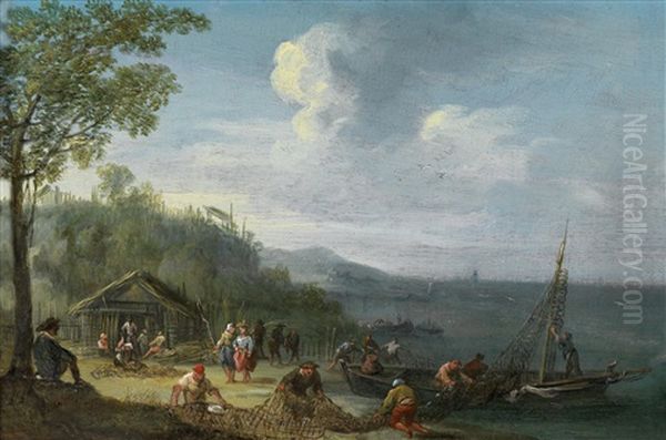 Kustenlandschaft Mit Fischern, Die Ihre Netze Reparieren Oil Painting by Peter Gysels
