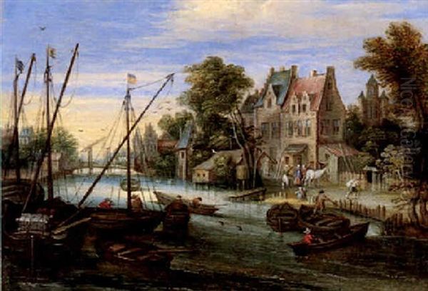 Handels- Und Fischerboote Auf Einem Kanal, Rechts Ein Dorf Und Sich Begrussende Personen Mit Kindern Oil Painting by Peter Gysels
