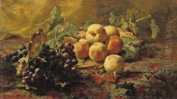 Blue Grapes And Peaches In A Wicker Basket Oil Painting by Geraldine Jacoba Van De Sande Bakhuyzen