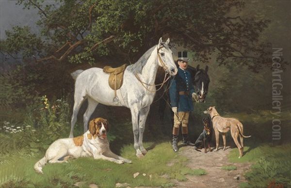Reiter Mit Zwei Pferden Und Hunden Oil Painting by Hans (Johann) Haag