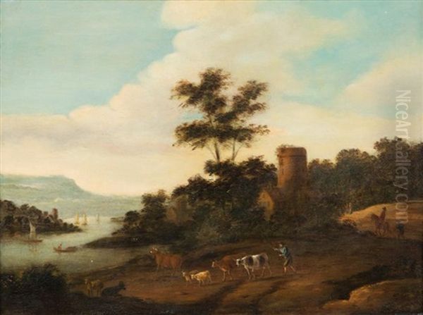 Paysage Campagne Avec Villageois Et Ses Betes Le Long Du Fleuve Oil Painting by Joris van der Haagen or Hagen