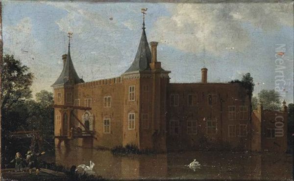 A View Of Ilpenstein Castle, Ilpendam, With Figures On The Drawbridge And Children Playing In The Foreground Oil Painting by Joris van der Haagen