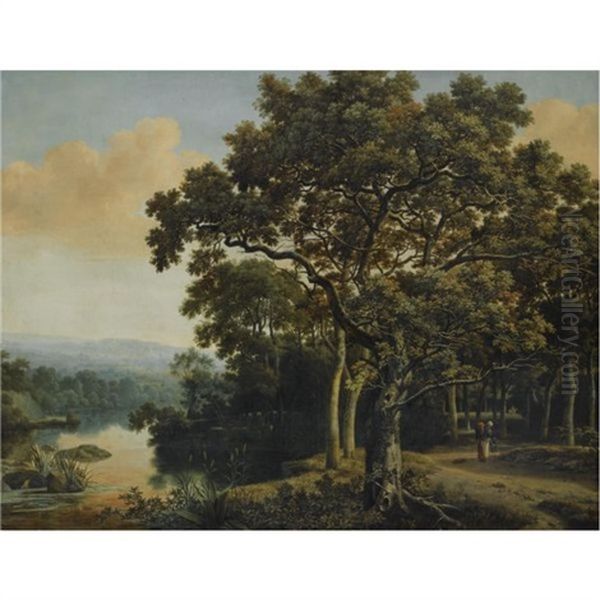 A Wooded Landscape With A Gypsy Woman With Two Children On A Path, Beside A Lake At Sunset Oil Painting by Joris van der Haagen