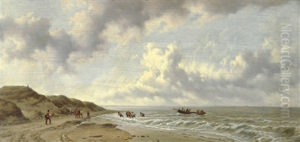 Het Binnenhalen Van De Sloep Oil Painting by Remigius Adrianus van Haanen