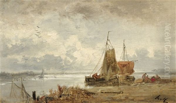 Segelboote Am Strand Mit Figuraler Staffage Oil Painting by Remigius Adrianus van Haanen