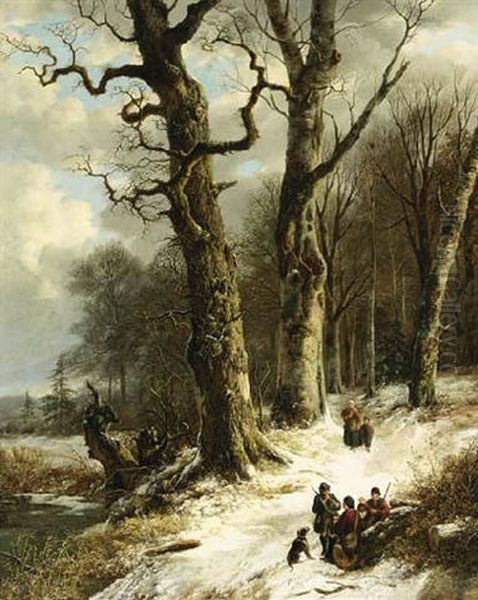 A Winter Landscape With Travellers At Rest Oil Painting by Remigius Adrianus van Haanen