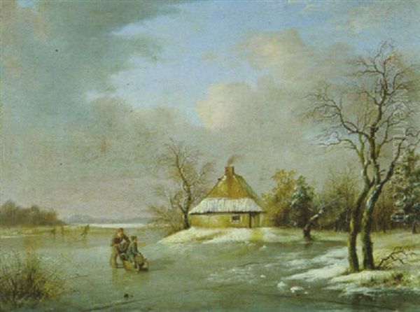 Winterlandschaft Mit Schlittschuhlaufern Und Schlittenfahrer Auf Dem Zugefrorenen See Oil Painting by Remigius Adrianus van Haanen