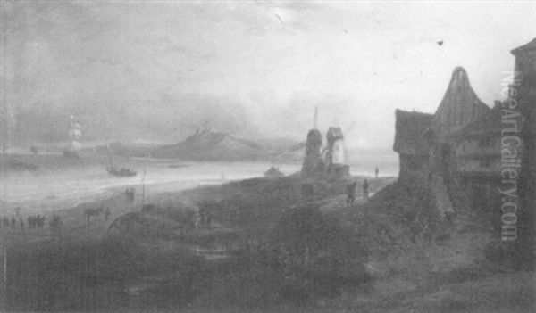 Busy Harbour Town Oil Painting by Remigius Adriannus van Haanen