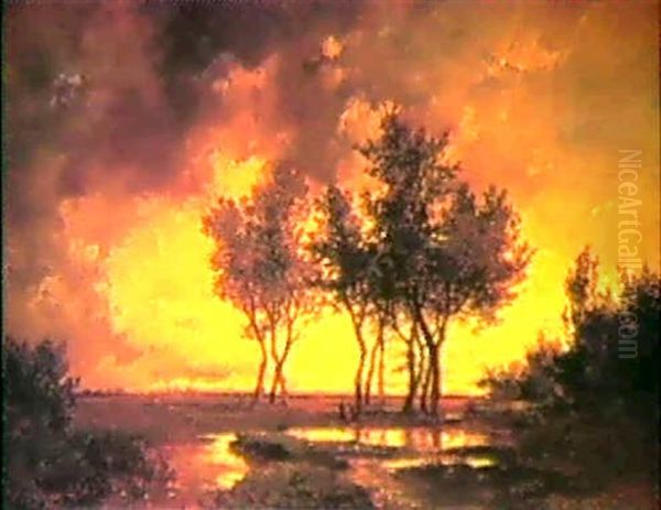 Figures In A Landscape At Sunset Oil Painting by Remigius Adriannus van Haanen