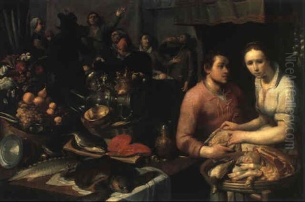 Froehliche Tischgesellschaft Mit Einer Koechin, Einem       Gefluegelhaendler Und Einem Reichen Stilleben Oil Painting by Cornelis Cornelisz Van Haarlem