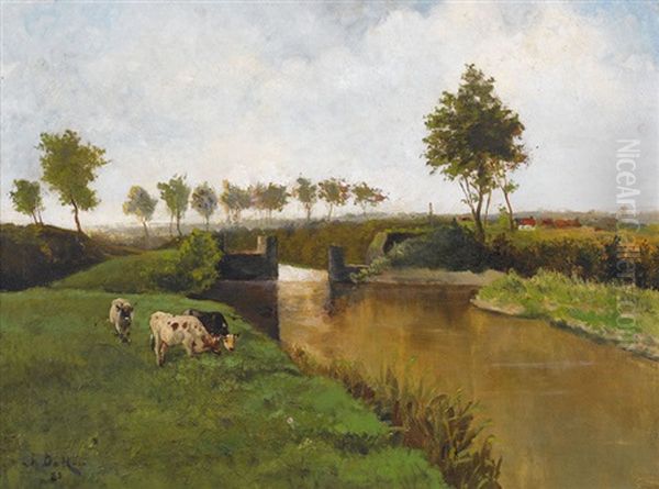 Sommerliche Kanalpartie Mit Weidenden Kuhen Oil Painting by Johannes Hubertus Leonardus de Haas