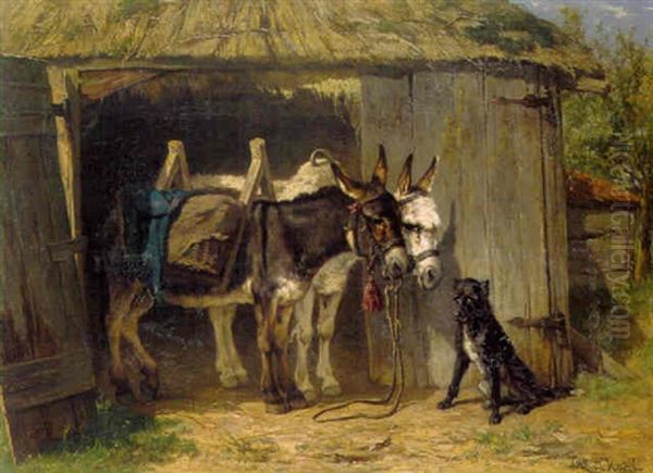 Zwei Esel Vor Einer Scheune Oil Painting by Johannes Hubertus Leonardus de Haas