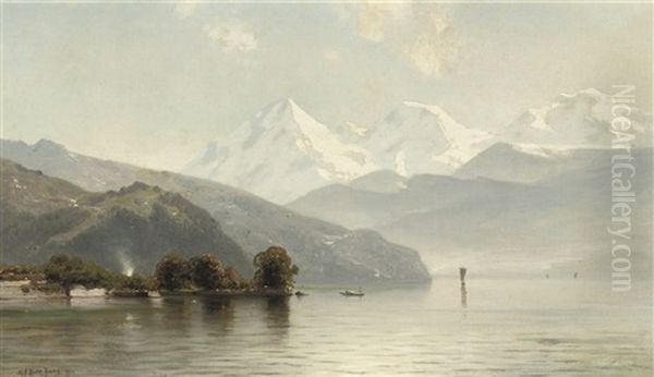A Quiet Day On The Lake With Snowy Mountains Beyond Oil Painting by Mauritz Frederick Hendrick de Haas