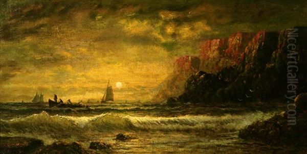 Figures And Boats Along A Rocky Coast At Sunset Oil Painting by Mauritz Frederick Hendrick de Haas