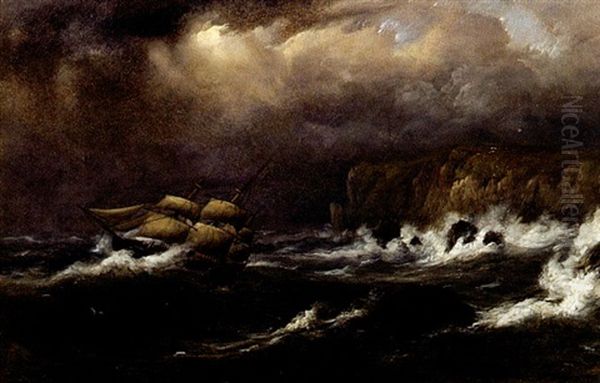 Ships On A Rocky Coast In Stormy Seas Oil Painting by Mauritz F. H. de Haas
