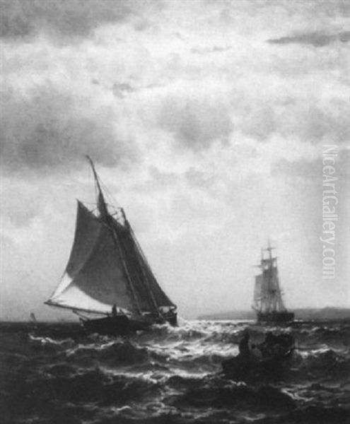 Ship, Schooner And Launch Off Coastal Cliffs Oil Painting by Mauritz F. H. de Haas