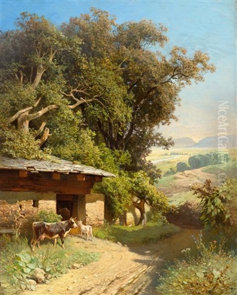 A Summer Landscape With A Cowshed And Animals Oil Painting by Sebastian Habenschaden
