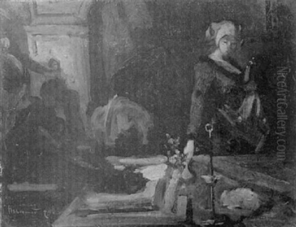 Interieur Mit Frau Und Blumenvase Auf Dem Tisch Oil Painting by Hugo von Habermann the Elder