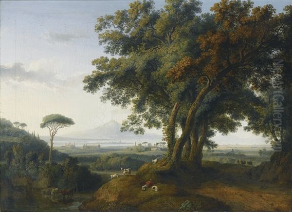 An Italian Capriccio Veduta, With A Greek Temple Near A Shoreline, And A Distant Volcano Oil Painting by Jacob Philipp Hackert