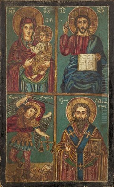 Madonna With Child, Jesus, Saints Michael And Athanasios Oil Painting by Theofilos Hadjimichail
