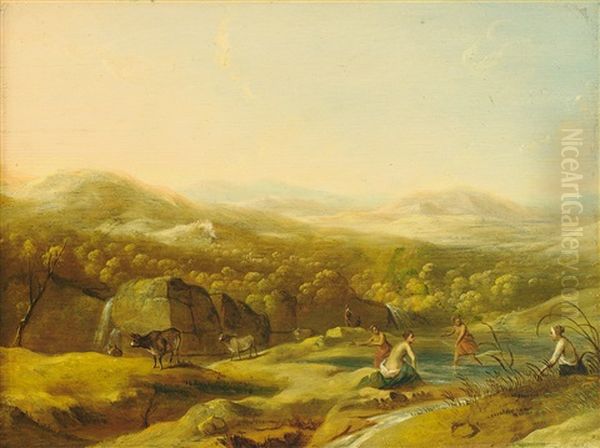Sommerliche Hugellandschaft. Badende Frauen In Einem Teich Oil Painting by Johan van Haensbergen