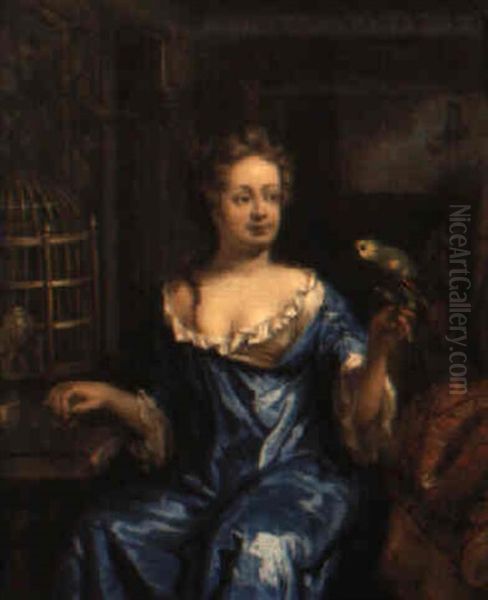 Interior Med Ung Dam Och Papegoja Oil Painting by Johan van Haensbergen