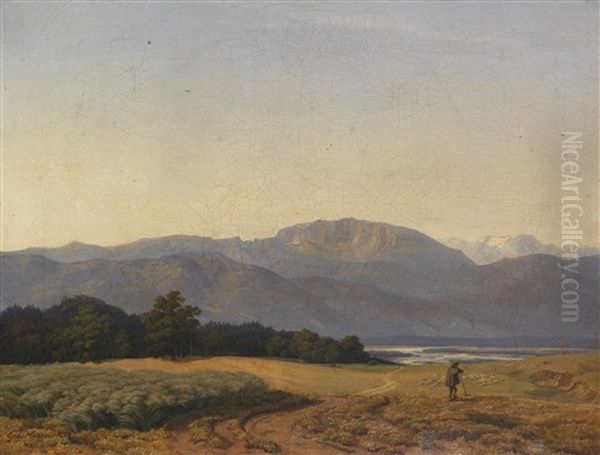 Voralpenlandschaft Mit Hirte Und Schafsherde Oil Painting by Johann Georg Haeselich