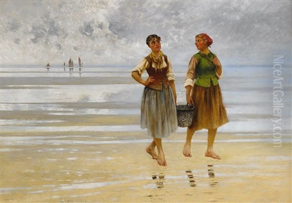 Musselplockerskor Pa Stranden Oil Painting by August Vilhelm Nikolaus Hagborg