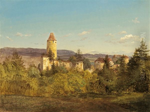 Blick Auf Burg Seebenstein Oil Painting by Ludwig Georg Eduard Halauska