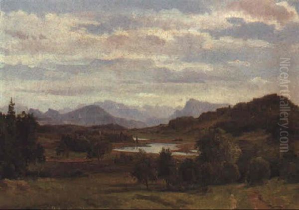 Seenlandschaft Mit Gebirgszug Im Hintergrund (reschensee?) Oil Painting by Ludwig Georg Eduard Halauska