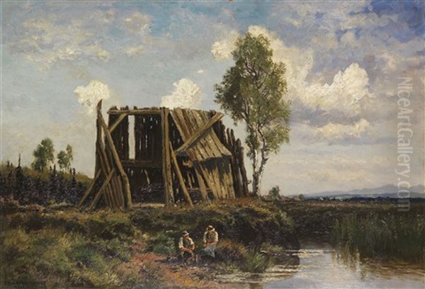 Rastende Torfstecher Im Dachauer Moos Oil Painting by Fritz Halberg-Krauss