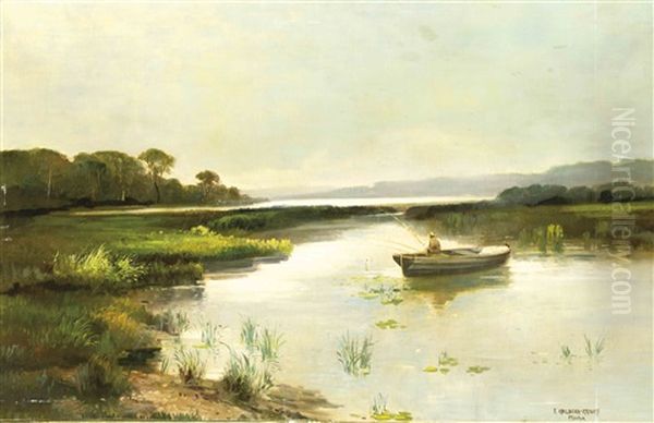 Seenlandschaft Im Voralpenland, Im Vordergrund Ein Angler In Seinem Boot Oil Painting by Fritz Halberg-Krauss