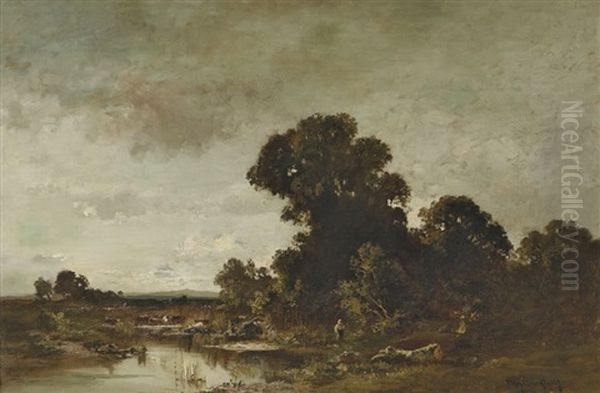 Magd Mit Kuhen Am Weiher Oil Painting by Fritz Halberg-Krauss