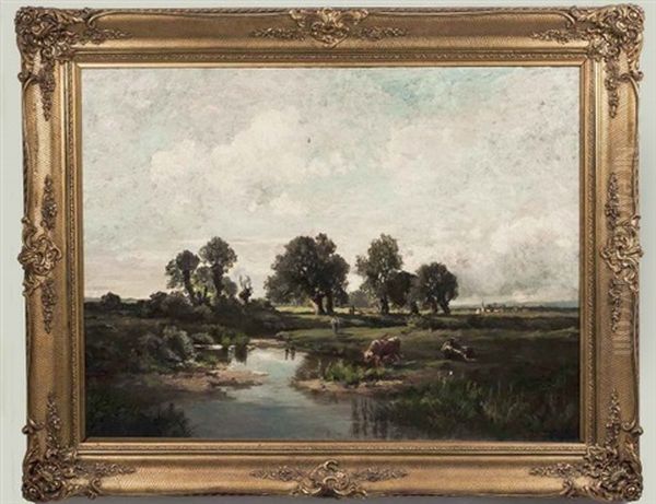 Watering Cattle Landscape Oil Painting by Fritz Halberg-Krauss