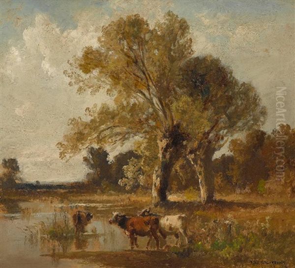 Baumlandschaft Mit Kuhen Am Wasser Oil Painting by Fritz Halberg-Krauss