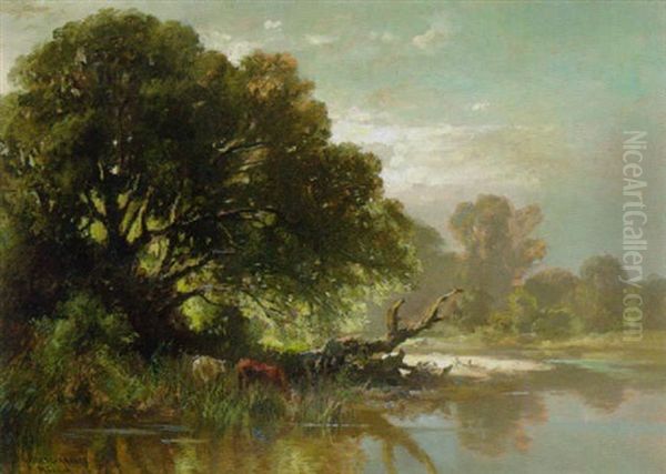 Waldweiher Mit Kuhen An Der Tranke Oil Painting by Fritz Halberg-Krauss