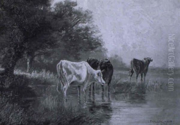 Kuhe Am Wasser Oil Painting by Fritz Halberg-Krauss