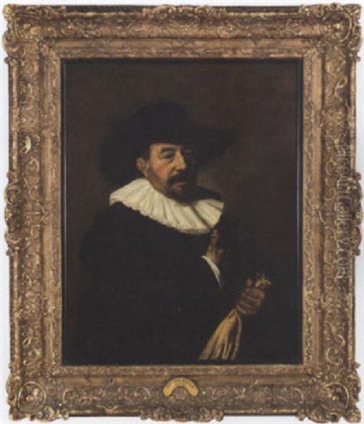 Portrait Of A Gentleman In A Black Coat And White Collar, Holding A Pair Of Gloves Oil Painting by Frans Hals