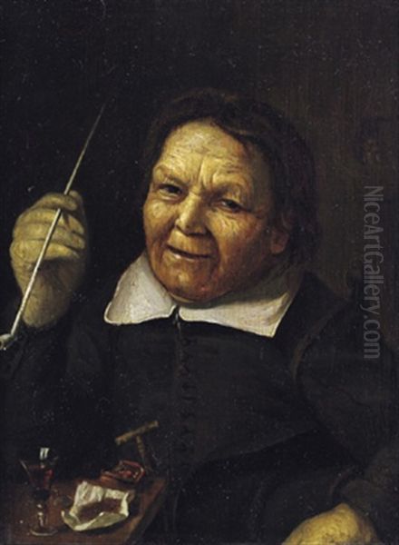Bildnis Einer Alten Frau Mit Einer Pfeife Vor Einem Gefullten Weinglas Oil Painting by Johannes Fransz Hals